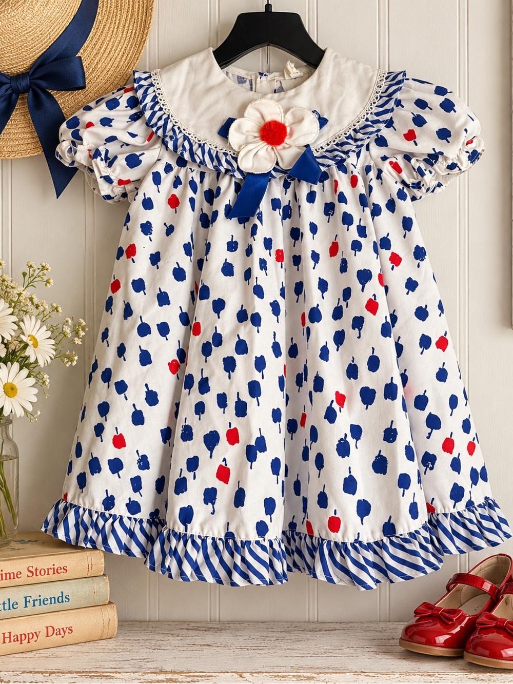 Girls' White Floral Appliqué Cotton Dress with Blue & Red Print
